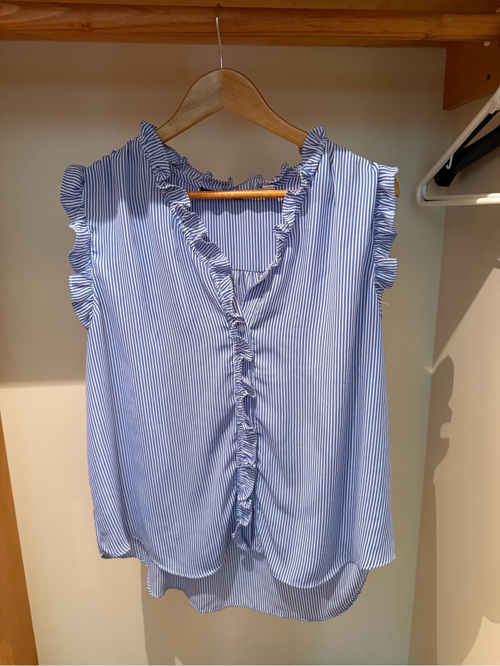 Tahari Blue and White Striped Ruffle V-Neck Blouse